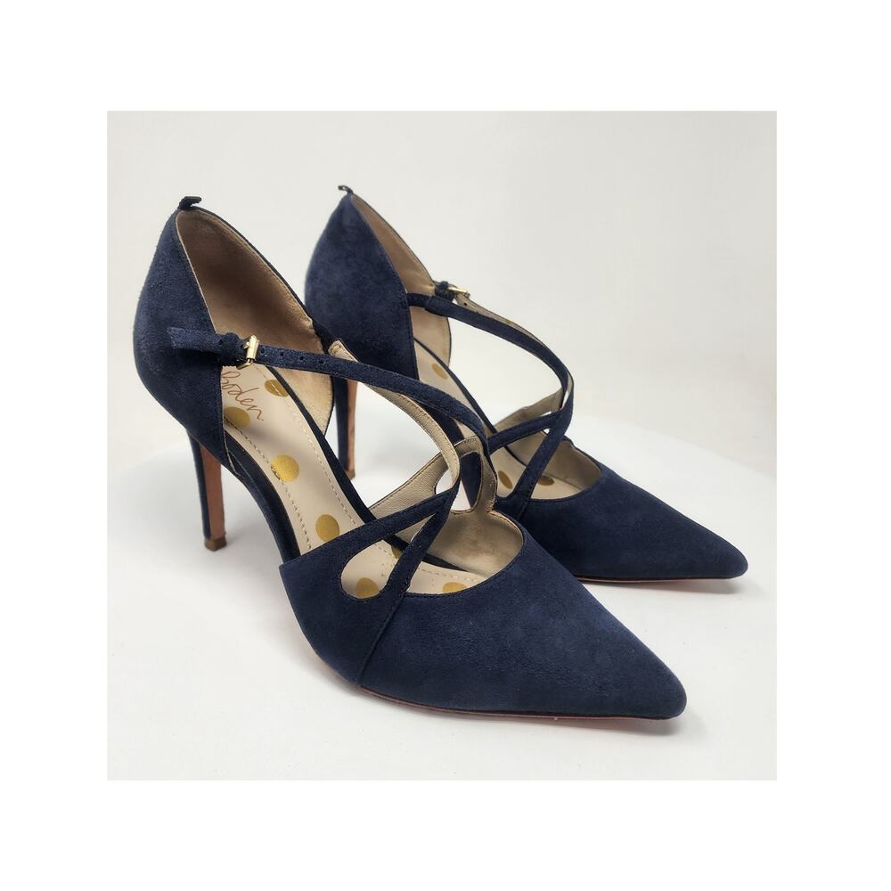 Boden Rosemary Heels Women EU39/US8.5 Navy Blue Suede Cross Strap Stiletto Shoes